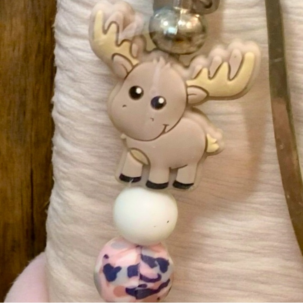 Moose Playful Beaded Tan, Pink, & White Bookmark - Picture 3 of 3